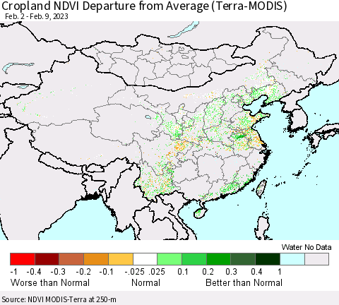 China, Mongolia and Taiwan Cropland NDVI Departure from Average (Terra-MODIS) Thematic Map For 2/2/2023 - 2/9/2023
