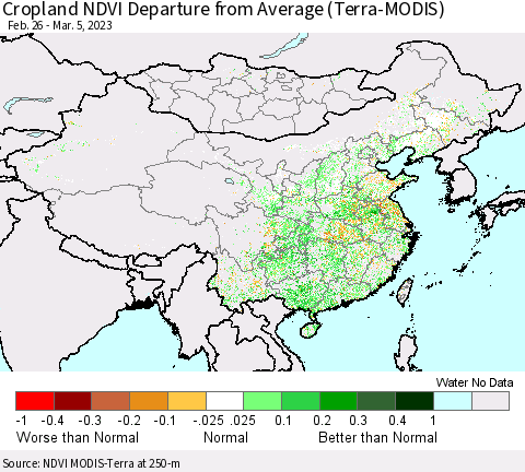 China, Mongolia and Taiwan Cropland NDVI Departure from Average (Terra-MODIS) Thematic Map For 2/26/2023 - 3/5/2023