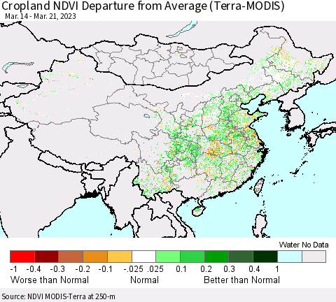 China, Mongolia and Taiwan Cropland NDVI Departure from Average (Terra-MODIS) Thematic Map For 3/14/2023 - 3/21/2023