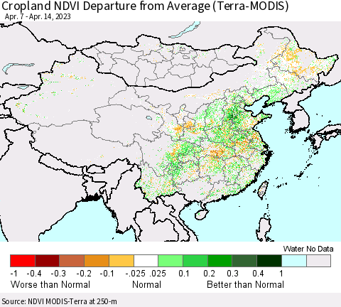 China, Mongolia and Taiwan Cropland NDVI Departure from Average (Terra-MODIS) Thematic Map For 4/7/2023 - 4/14/2023