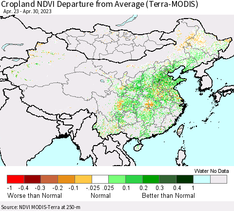 China, Mongolia and Taiwan Cropland NDVI Departure from Average (Terra-MODIS) Thematic Map For 4/23/2023 - 4/30/2023