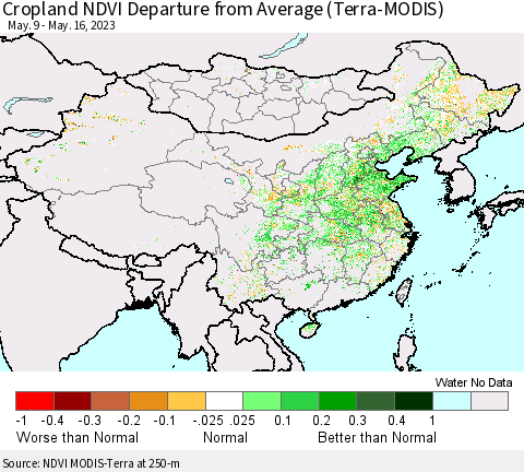 China, Mongolia and Taiwan Cropland NDVI Departure from Average (Terra-MODIS) Thematic Map For 5/9/2023 - 5/16/2023