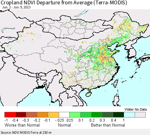 China, Mongolia and Taiwan Cropland NDVI Departure from Average (Terra-MODIS) Thematic Map For 6/2/2023 - 6/9/2023