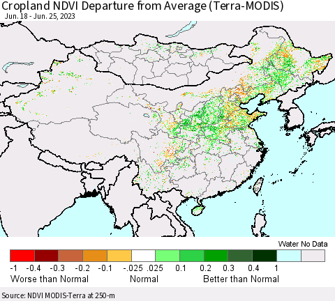 China, Mongolia and Taiwan Cropland NDVI Departure from Average (Terra-MODIS) Thematic Map For 6/18/2023 - 6/25/2023