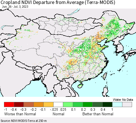 China, Mongolia and Taiwan Cropland NDVI Departure from Average (Terra-MODIS) Thematic Map For 6/26/2023 - 7/3/2023
