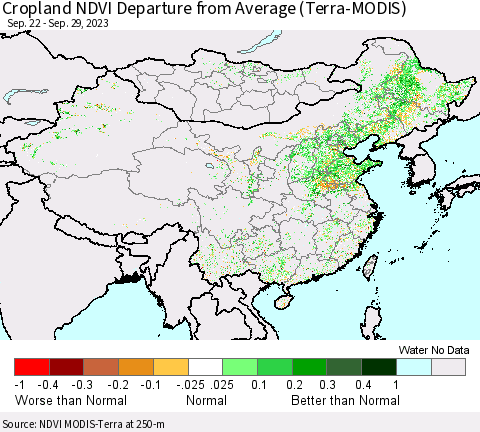 China, Mongolia and Taiwan Cropland NDVI Departure from Average (Terra-MODIS) Thematic Map For 9/22/2023 - 9/29/2023