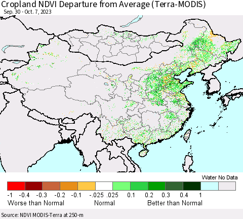 China, Mongolia and Taiwan Cropland NDVI Departure from Average (Terra-MODIS) Thematic Map For 9/30/2023 - 10/7/2023