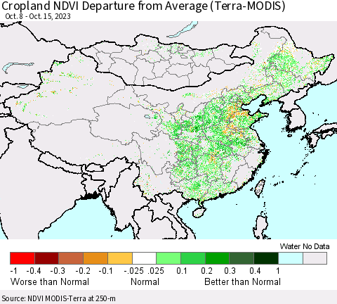 China, Mongolia and Taiwan Cropland NDVI Departure from Average (Terra-MODIS) Thematic Map For 10/8/2023 - 10/15/2023