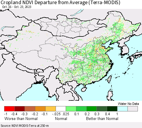 China, Mongolia and Taiwan Cropland NDVI Departure from Average (Terra-MODIS) Thematic Map For 10/16/2023 - 10/23/2023
