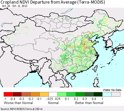 China, Mongolia and Taiwan Cropland NDVI Departure from Average (Terra-MODIS) Thematic Map For 10/24/2023 - 10/31/2023