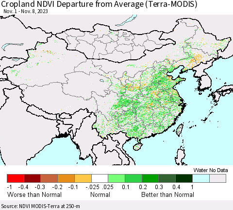 China, Mongolia and Taiwan Cropland NDVI Departure from Average (Terra-MODIS) Thematic Map For 11/1/2023 - 11/8/2023