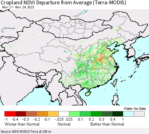 China, Mongolia and Taiwan Cropland NDVI Departure from Average (Terra-MODIS) Thematic Map For 11/17/2023 - 11/24/2023