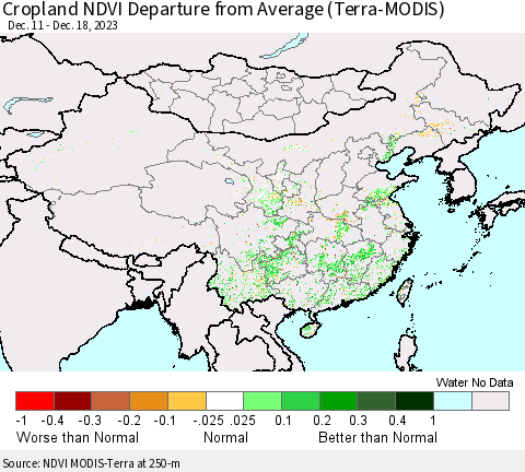 China, Mongolia and Taiwan Cropland NDVI Departure from Average (Terra-MODIS) Thematic Map For 12/11/2023 - 12/18/2023