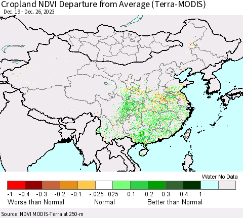 China, Mongolia and Taiwan Cropland NDVI Departure from Average (Terra-MODIS) Thematic Map For 12/19/2023 - 12/26/2023