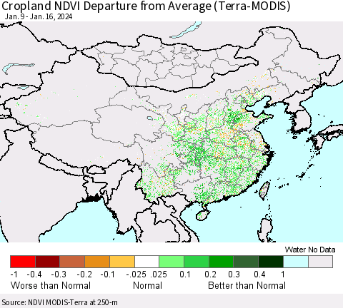 China, Mongolia and Taiwan Cropland NDVI Departure from Average (Terra-MODIS) Thematic Map For 1/9/2024 - 1/16/2024