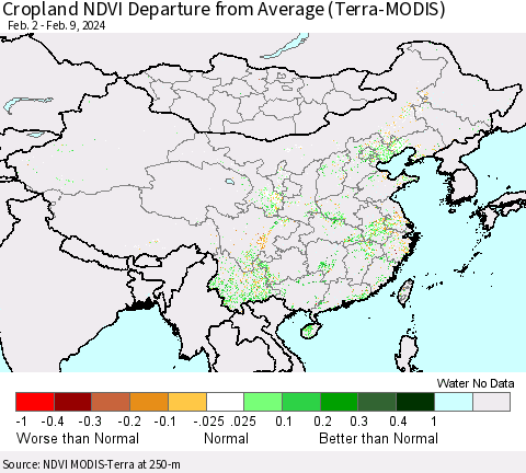 China, Mongolia and Taiwan Cropland NDVI Departure from Average (Terra-MODIS) Thematic Map For 2/2/2024 - 2/9/2024