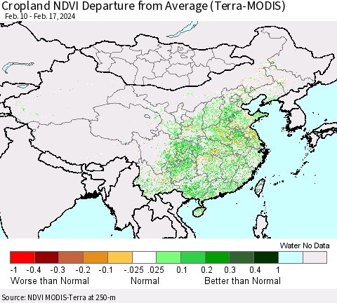 China, Mongolia and Taiwan Cropland NDVI Departure from Average (Terra-MODIS) Thematic Map For 2/10/2024 - 2/17/2024