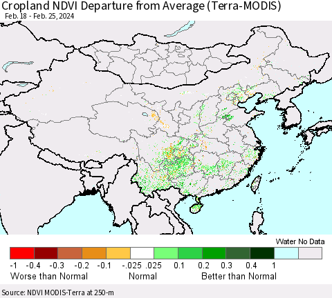 China, Mongolia and Taiwan Cropland NDVI Departure from Average (Terra-MODIS) Thematic Map For 2/18/2024 - 2/25/2024