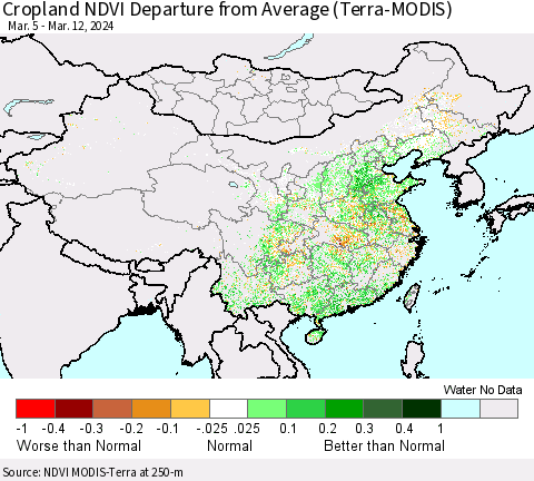 China, Mongolia and Taiwan Cropland NDVI Departure from Average (Terra-MODIS) Thematic Map For 3/5/2024 - 3/12/2024
