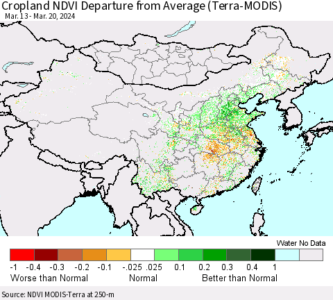 China, Mongolia and Taiwan Cropland NDVI Departure from Average (Terra-MODIS) Thematic Map For 3/13/2024 - 3/20/2024