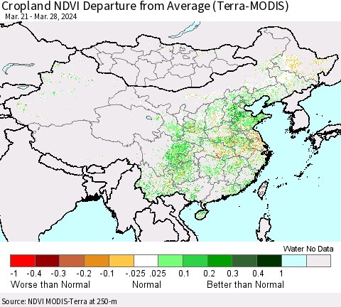 China, Mongolia and Taiwan Cropland NDVI Departure from Average (Terra-MODIS) Thematic Map For 3/21/2024 - 3/28/2024