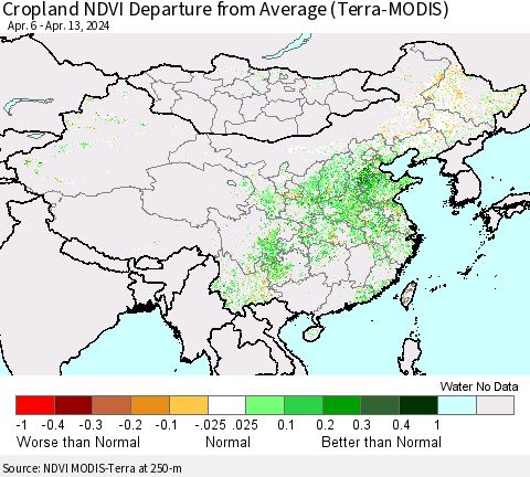 China, Mongolia and Taiwan Cropland NDVI Departure from Average (Terra-MODIS) Thematic Map For 4/6/2024 - 4/13/2024