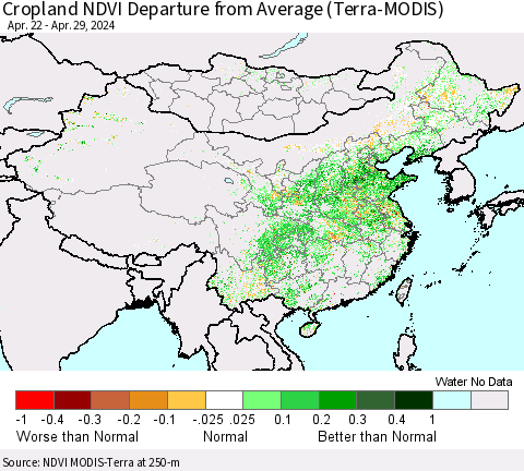China, Mongolia and Taiwan Cropland NDVI Departure from Average (Terra-MODIS) Thematic Map For 4/22/2024 - 4/29/2024
