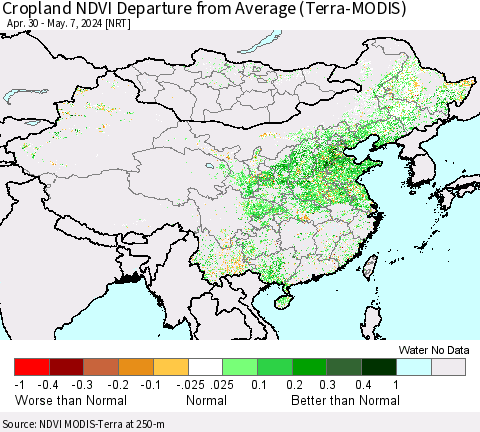 China, Mongolia and Taiwan Cropland NDVI Departure from Average (Terra-MODIS) Thematic Map For 4/30/2024 - 5/7/2024