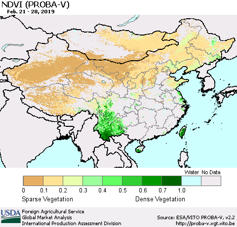 China, Mongolia and Taiwan NDVI (PROBA-V) Thematic Map For 2/21/2019 - 2/28/2019