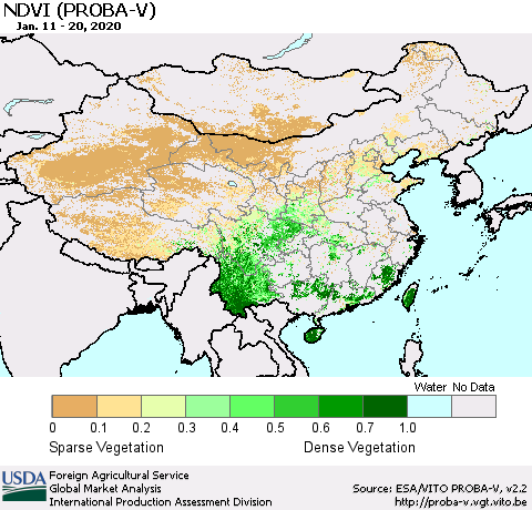 China, Mongolia and Taiwan NDVI (PROBA-V) Thematic Map For 1/11/2020 - 1/20/2020