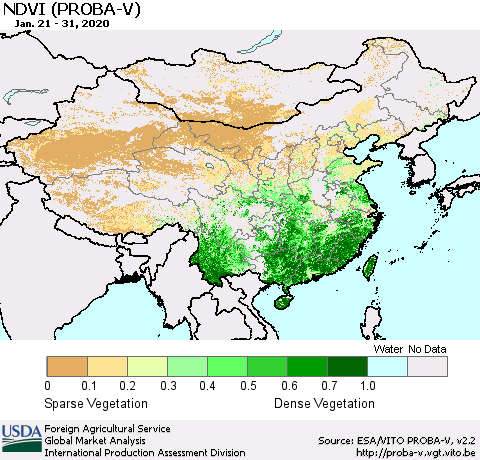 China, Mongolia and Taiwan NDVI (PROBA-V) Thematic Map For 1/21/2020 - 1/31/2020