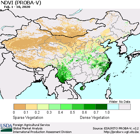 China, Mongolia and Taiwan NDVI (PROBA-V) Thematic Map For 2/1/2020 - 2/10/2020