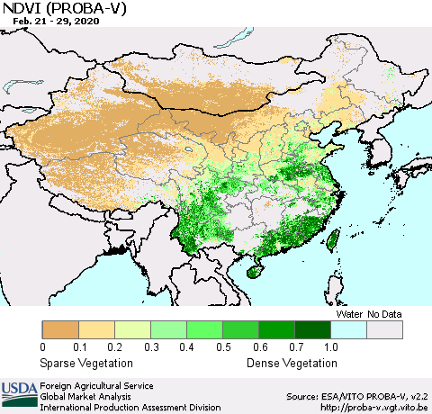 China, Mongolia and Taiwan NDVI (PROBA-V) Thematic Map For 2/21/2020 - 2/29/2020