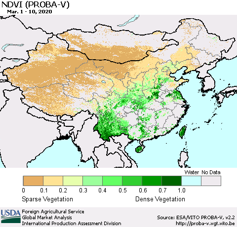 China, Mongolia and Taiwan NDVI (PROBA-V) Thematic Map For 3/1/2020 - 3/10/2020