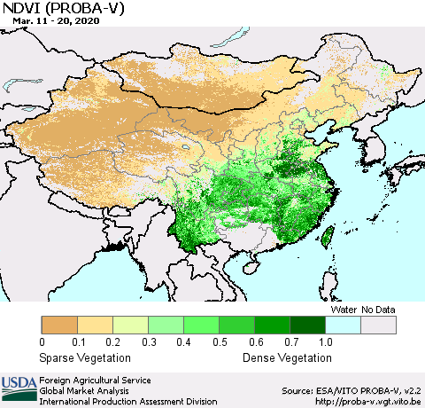 China, Mongolia and Taiwan NDVI (PROBA-V) Thematic Map For 3/11/2020 - 3/20/2020