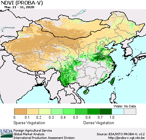 China, Mongolia and Taiwan NDVI (PROBA-V) Thematic Map For 3/21/2020 - 3/31/2020