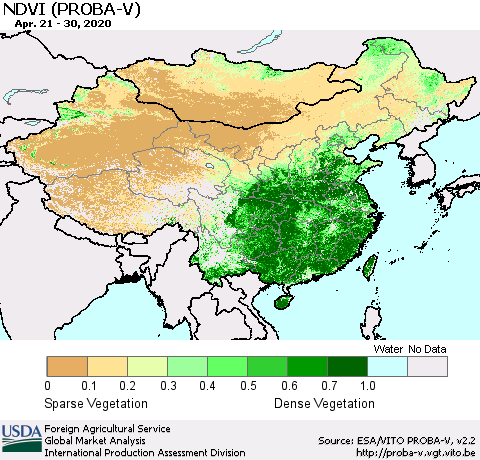 China, Mongolia and Taiwan NDVI (PROBA-V) Thematic Map For 4/21/2020 - 4/30/2020