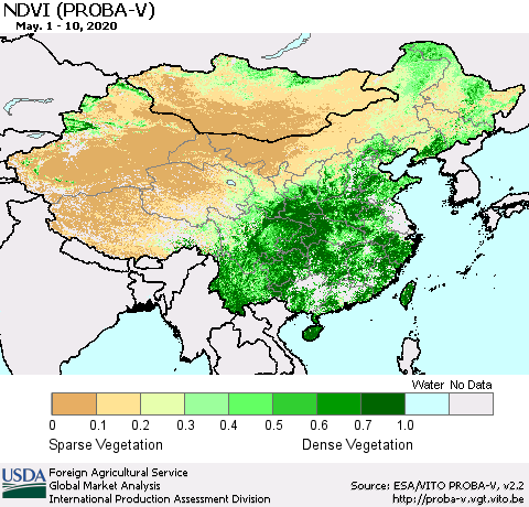 China, Mongolia and Taiwan NDVI (PROBA-V) Thematic Map For 5/1/2020 - 5/10/2020