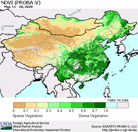 China, Mongolia and Taiwan NDVI (PROBA-V) Thematic Map For 5/11/2020 - 5/20/2020