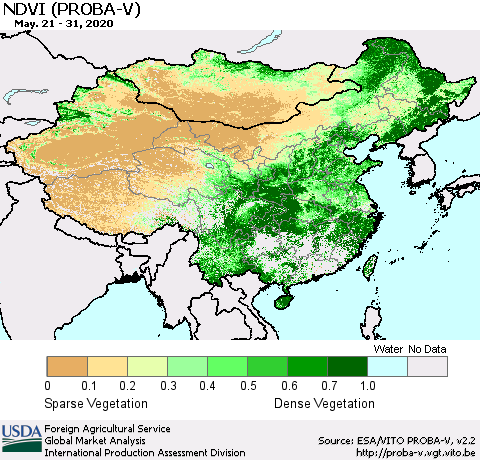 China, Mongolia and Taiwan NDVI (PROBA-V) Thematic Map For 5/21/2020 - 5/31/2020