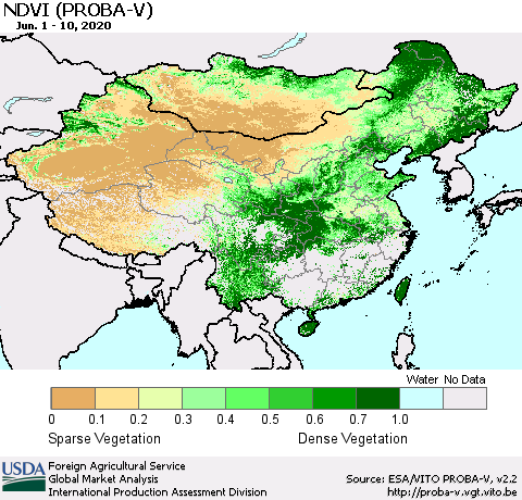 China, Mongolia and Taiwan NDVI (PROBA-V) Thematic Map For 6/1/2020 - 6/10/2020