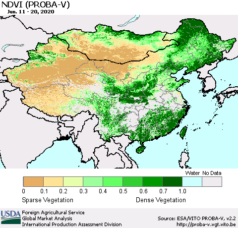 China, Mongolia and Taiwan NDVI (PROBA-V) Thematic Map For 6/11/2020 - 6/20/2020