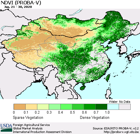 China, Mongolia and Taiwan NDVI (PROBA-V) Thematic Map For 6/21/2020 - 6/30/2020