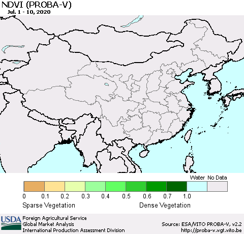 China, Mongolia and Taiwan NDVI (PROBA-V) Thematic Map For 7/1/2020 - 7/10/2020