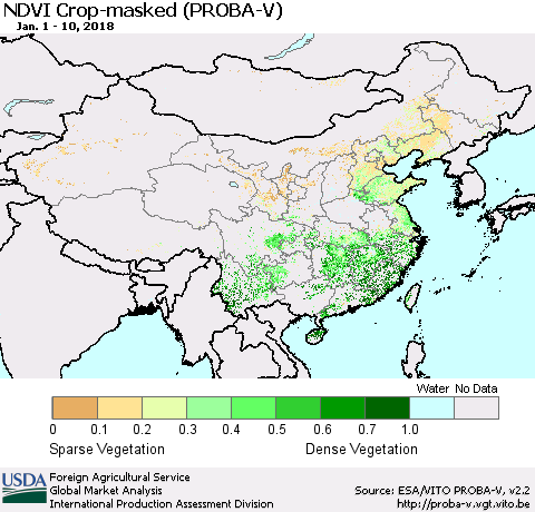 China, Mongolia and Taiwan NDVI Crop-masked (PROBA-V) Thematic Map For 1/1/2018 - 1/10/2018