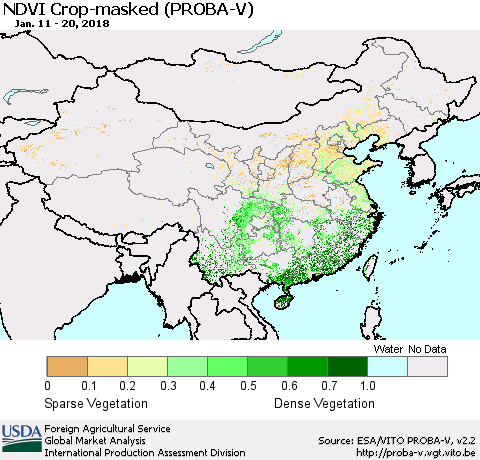 China, Mongolia and Taiwan NDVI Crop-masked (PROBA-V) Thematic Map For 1/11/2018 - 1/20/2018