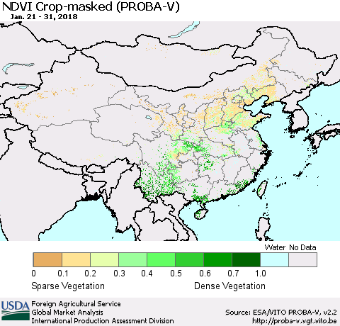 China, Mongolia and Taiwan NDVI Crop-masked (PROBA-V) Thematic Map For 1/21/2018 - 1/31/2018