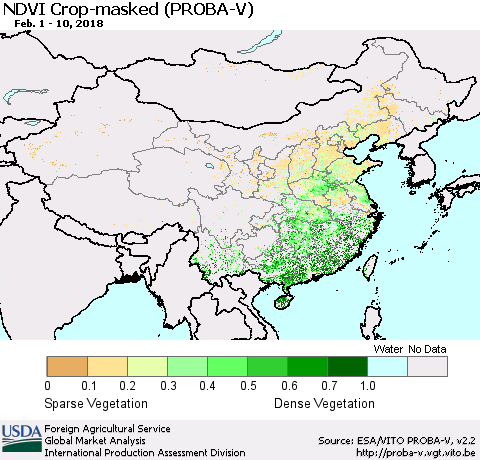 China, Mongolia and Taiwan NDVI Crop-masked (PROBA-V) Thematic Map For 2/1/2018 - 2/10/2018