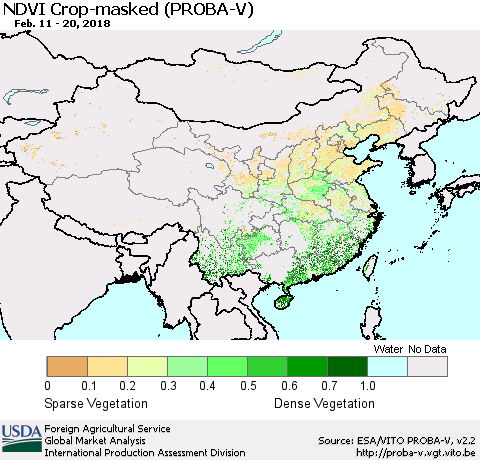 China, Mongolia and Taiwan NDVI Crop-masked (PROBA-V) Thematic Map For 2/11/2018 - 2/20/2018