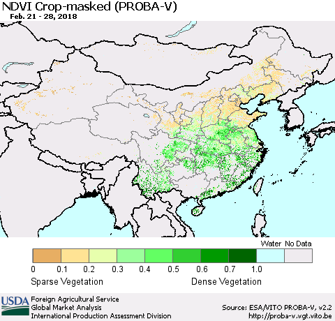 China, Mongolia and Taiwan NDVI Crop-masked (PROBA-V) Thematic Map For 2/21/2018 - 2/28/2018